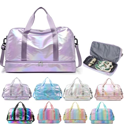 Aikelai Holographic Shimmering Gym Duffle Bag with Shoes Compartment Wet Pocket Women Weekend Overnight Travel Bag Gymnastic Dance Bag for Girl purple - Image 1