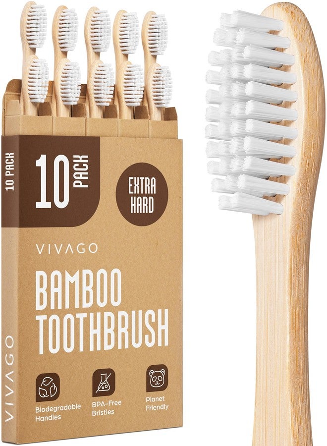 VIVAGO Extra Hard Toothbrushes for Adults - 10 Pack - BPA Free Hard Bristle Toothbrush - Extra Firm Bamboo Toothbrushes - Image 1