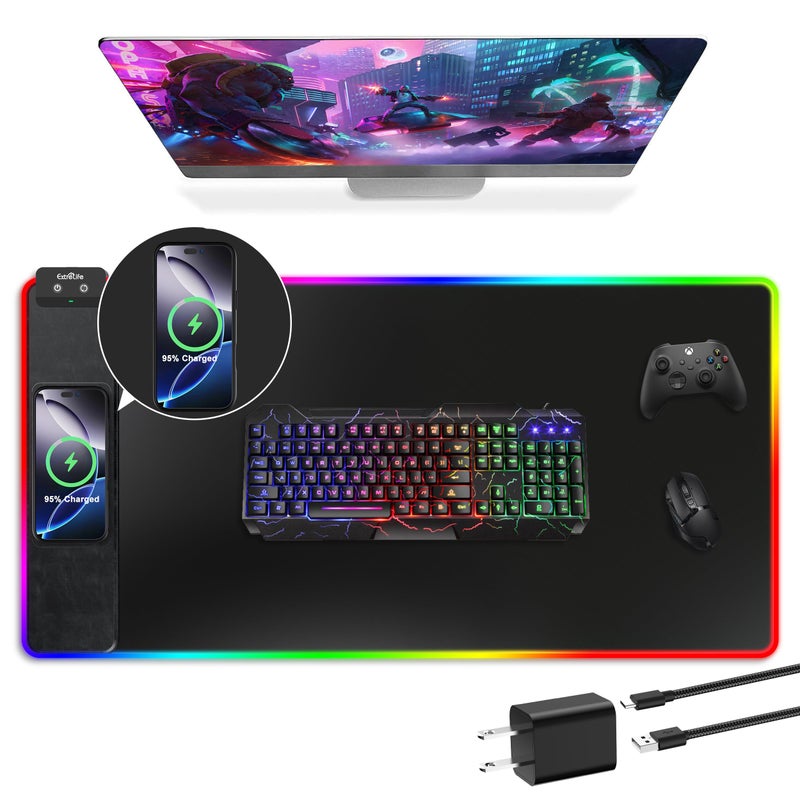 وسادة ماوس مع شحن لاسلكي وسادة ألعاب RGB كبيرة بساط مكتب مع سطح فائق السلاسة وسادة ماوس غير قابلة للانزلاق وسادة كمبيوتر مقاومة للماء مع محول طاقة QC بقوة 18 واط 800x400x4 مم أسود
