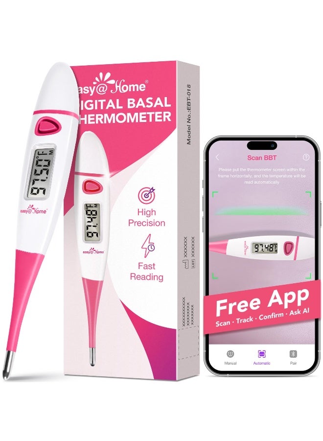 Easy Home ترمومتر الجسم الأساسي EasyHome BBT لتوقع الخصوبة مع ذاكرة استرجاع دقيقة ترمومتر أساسي رقمي لمراقبة درجة الحرارة مع تطبيق Premom EBT018 وردي - Image 1