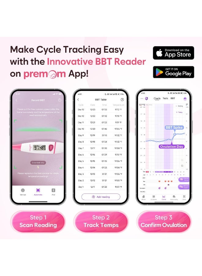 Easy Home ترمومتر الجسم الأساسي EasyHome BBT لتوقع الخصوبة مع ذاكرة استرجاع دقيقة ترمومتر أساسي رقمي لمراقبة درجة الحرارة مع تطبيق Premom EBT018 وردي - Image 4