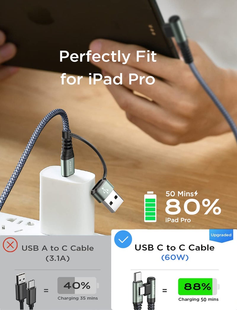 AINOPE Right Angle USB C Cable [2-ð‘·ð’‚ð’„ð’Œ, 6.6FT] with USB Adapter, 60W iPad Charging Cord 90 Degree USB C Cabel for iPad Air/Pro,Carplay Cable Type C Fast Charging Gifts for iPhone 17/16/15 Pro Max - Image 4