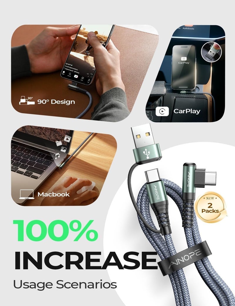 AINOPE Right Angle USB C Cable [2-ð‘·ð’‚ð’„ð’Œ, 6.6FT] with USB Adapter, 60W iPad Charging Cord 90 Degree USB C Cabel for iPad Air/Pro,Carplay Cable Type C Fast Charging Gifts for iPhone 17/16/15 Pro Max - Image 2