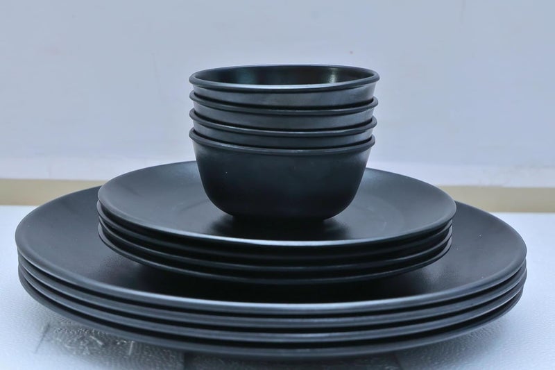 Amar Industries Melamine Dinner Set Elegant Unabreakable Matte Black Spiral Design Full Plates Half Plates with Bowl Serve 4 Set of 12 - Image 4