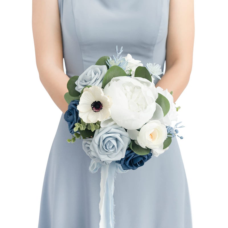 Ling's moment Lings Moment Artificial Flowers Dusty Blue Bridesmaid Bouquet Blue  White Wedding Flowers Bouquets for Bridesmaids 7 Inch Bridal Bouquets for Bridesmaids Wedding Ceremony Anniversary etc 