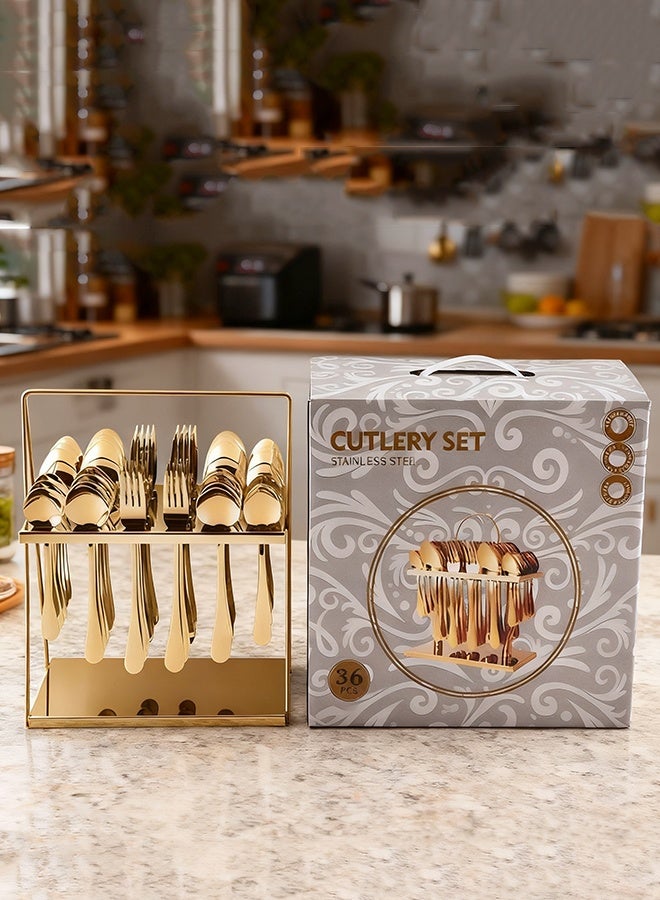 wowofa 36-piece tableware set with golden knife, fork, and spoon