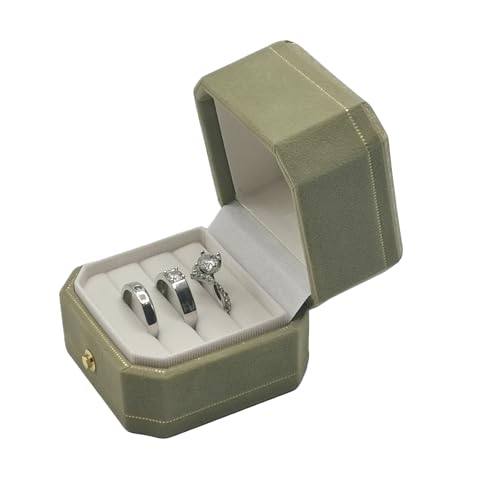 WHSLILR Velvet Ring Box - Octagon Engagement Ring Box with Hinged Lid for Proposal Engagement Wedding, Proposal Ring Case Jewelry Box with Gold Lace PRB003-Green - Image 1
