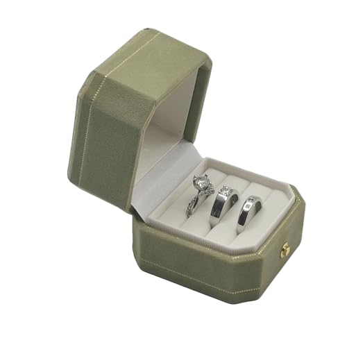 WHSLILR Velvet Ring Box - Octagon Engagement Ring Box with Hinged Lid for Proposal Engagement Wedding, Proposal Ring Case Jewelry Box with Gold Lace PRB003-Green - Image 4