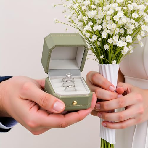 WHSLILR Velvet Ring Box - Octagon Engagement Ring Box with Hinged Lid for Proposal Engagement Wedding, Proposal Ring Case Jewelry Box with Gold Lace PRB003-Green - Image 5