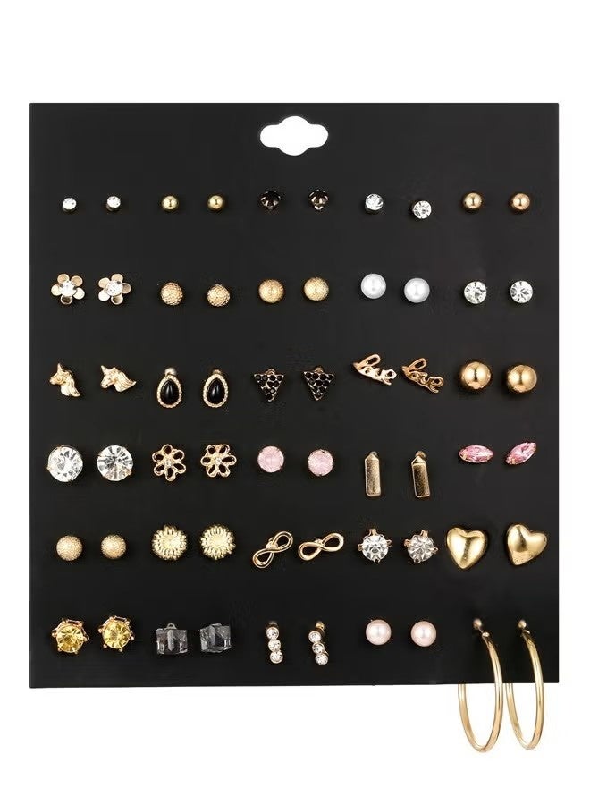 Happy D 30 Pairs Assorted Stainless Steel Stud Earrings Hypoallergenic Flatback Earrings for Teens Girls Women-Pearls diamonds flowers unicorns hearts earrings - Image 1