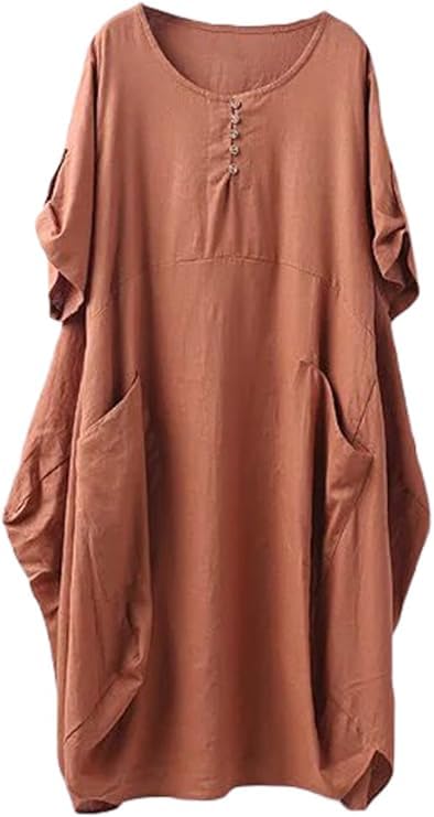 Minibee Womens Ruffle Oversize Casual Midi Dresses with Pockets Brown L