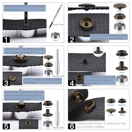 Moocci 40 Pieces (10 Sets) Snap Fastener Kit Tool 5/8 inches (15mm) Snap Button kit Snaps for Leather Snap Fasteners Kit for Leather Stainless Snaps Button for Bag, Jeans, Clothes, Fabric（Bronze） - Image 5