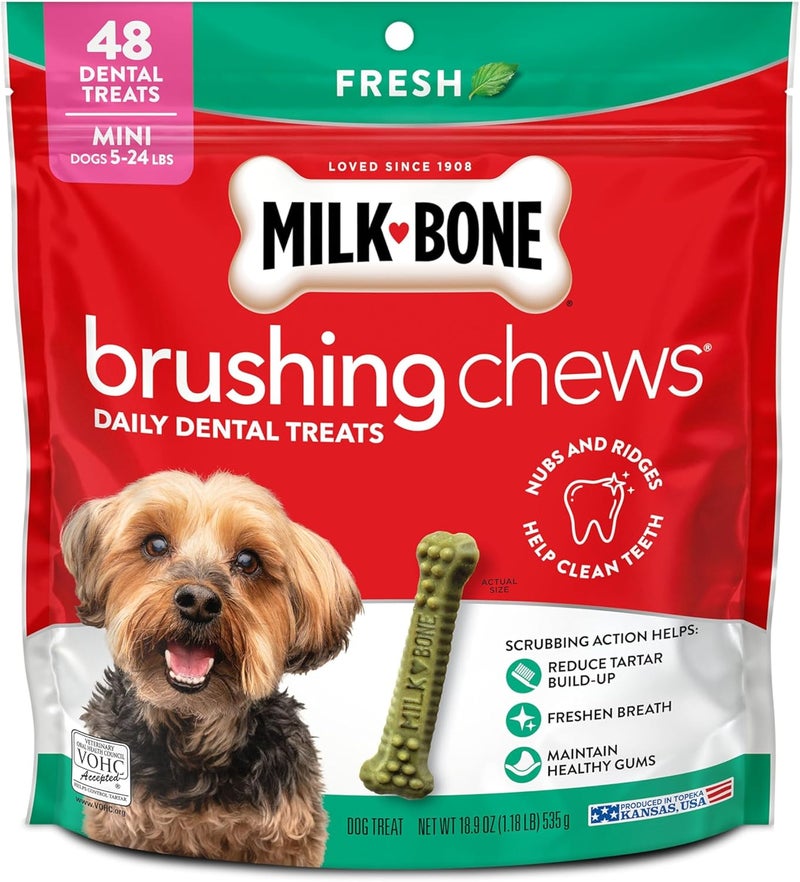 ميلك-بون Milk-Bone Brushing Chews Daily Dental Dog Treats, Fresh Breath, Mini, 18.9 oz. bag, 48 Bones per Bag - Image 1