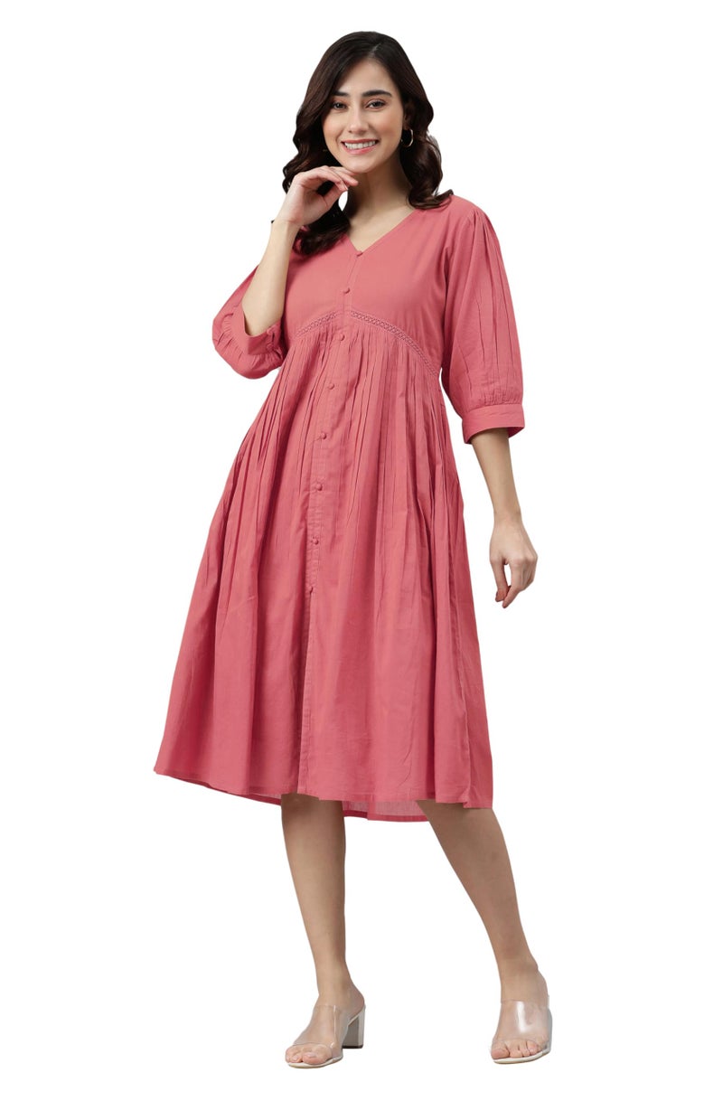 Janasya Women's Peach Pure Cotton Solid Gathered Dress (JAC24DR01404-S) - Image 1
