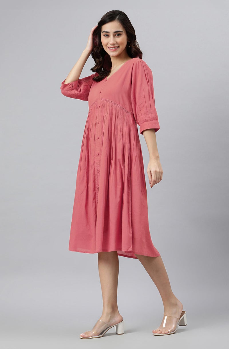 Janasya Women's Peach Pure Cotton Solid Gathered Dress (JAC24DR01404-S) - Image 3