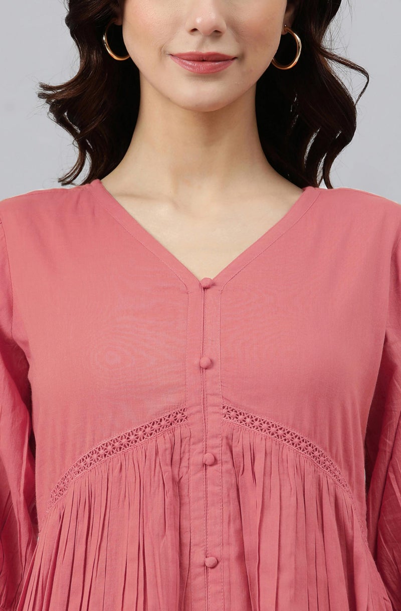 Janasya Women's Peach Pure Cotton Solid Gathered Dress (JAC24DR01404-S) - Image 5