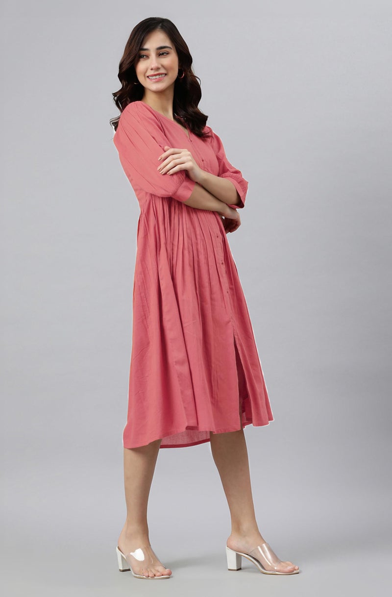 Janasya Women's Peach Pure Cotton Solid Gathered Dress (JAC24DR01404-S) - Image 2