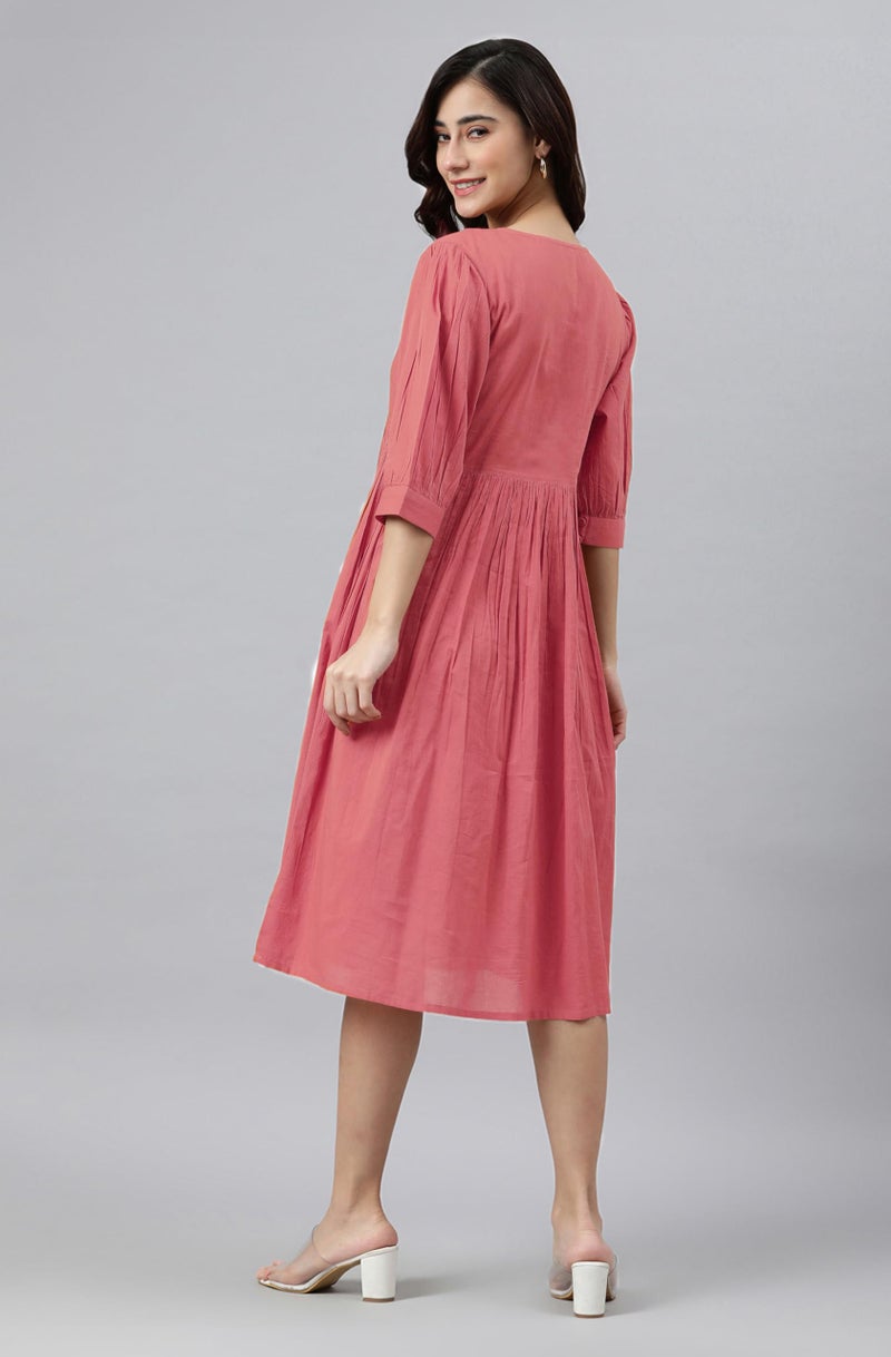 Janasya Women's Peach Pure Cotton Solid Gathered Dress (JAC24DR01404-S) - Image 4
