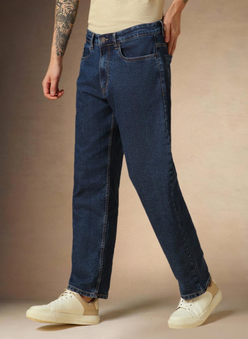 Dennis Lingo Men's Mid Blue Cotton Blend Washed Full Length Relaxed Jeans - Image 2