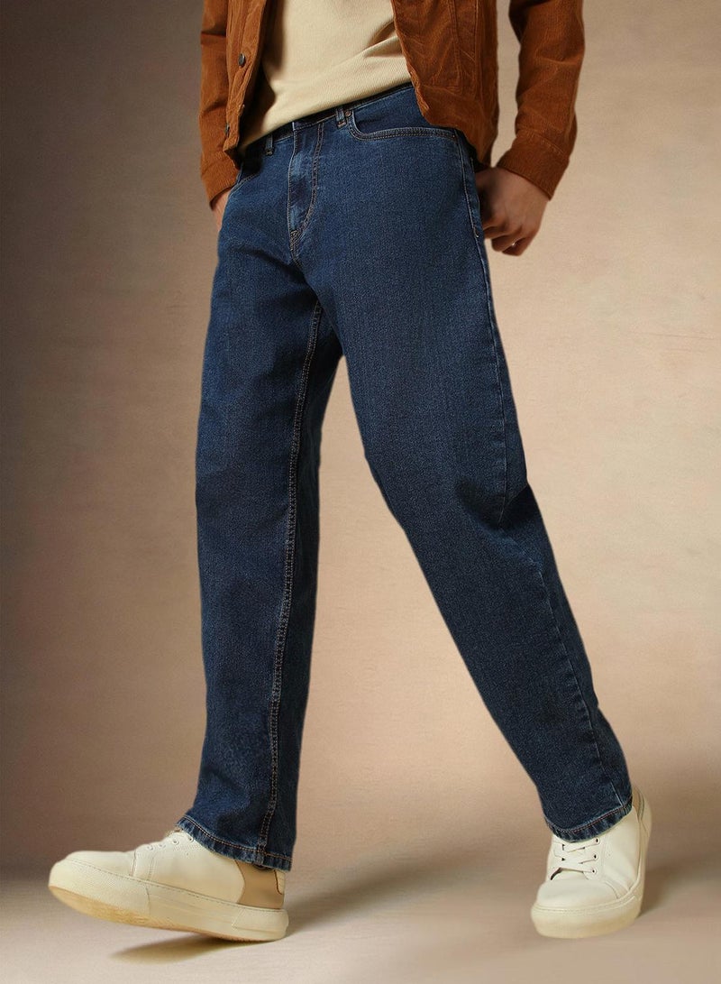 Dennis Lingo Men's Mid Blue Cotton Blend Washed Full Length Relaxed Jeans - Image 1
