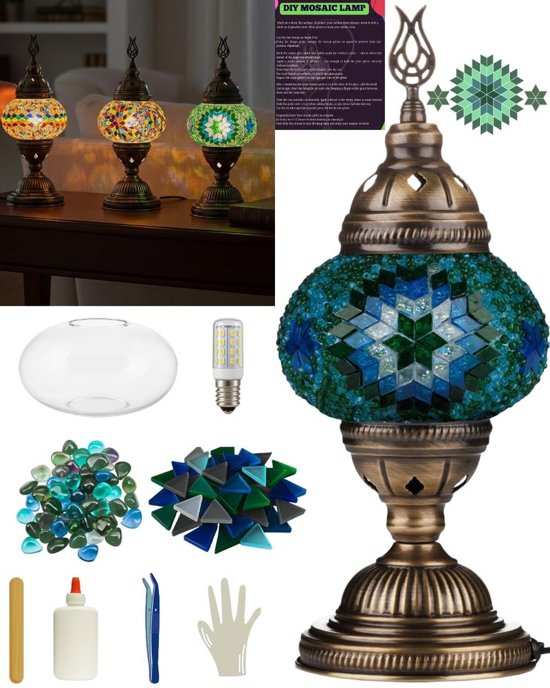 DEMMEX DIY Turkish Moroccan Mosaic Lamp Making Kit â€“ No Grout â€“ Fun, Easy, No Experience Required â€“ Complete Mosaic Art & Craft Project Kit for Adults & Teens â€“ Make Your Own Table Lamp (Turquoise) - Image 1