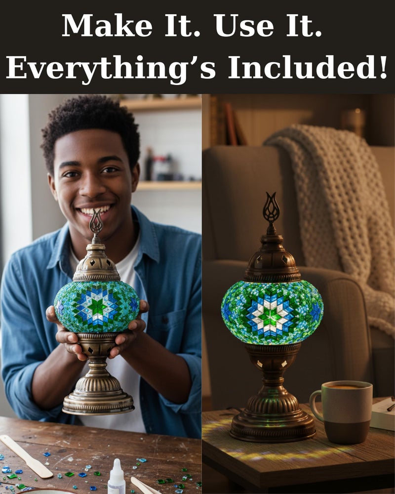 DEMMEX DIY Turkish Moroccan Mosaic Lamp Making Kit â€“ No Grout â€“ Fun, Easy, No Experience Required â€“ Complete Mosaic Art & Craft Project Kit for Adults & Teens â€“ Make Your Own Table Lamp (Turquoise) - Image 4