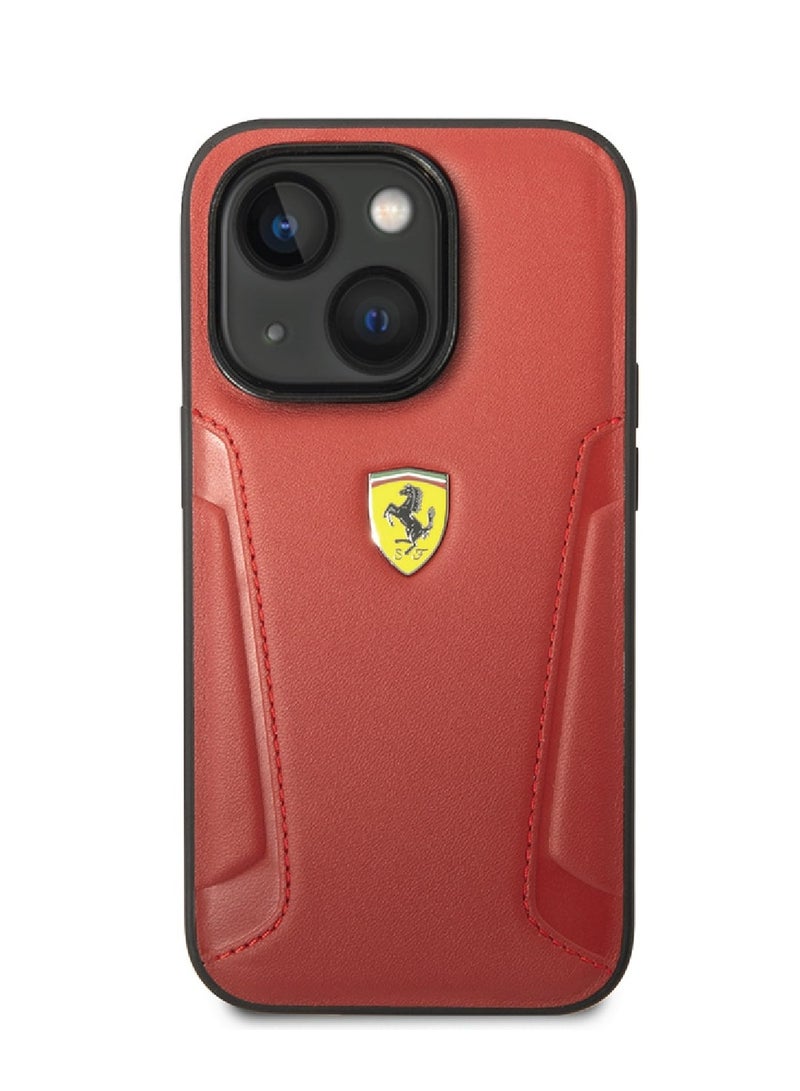 Ferrari iPhone 14 Case Leather Back Cover with Hot Stamped Sides & Yellow Shield Logo - Red - Image 1