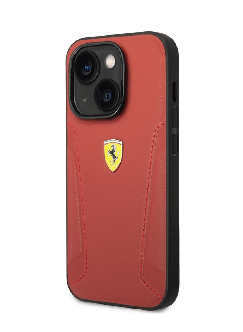 Ferrari iPhone 14 Case Leather Back Cover with Hot Stamped Sides & Yellow Shield Logo - Red - Image 3