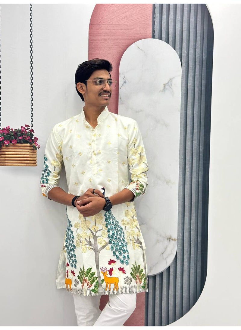 Super Asian Men’s Dola Silk Kurta with Mill Print & Foil Detailing | Elegant Ethnic Wear - Image 1
