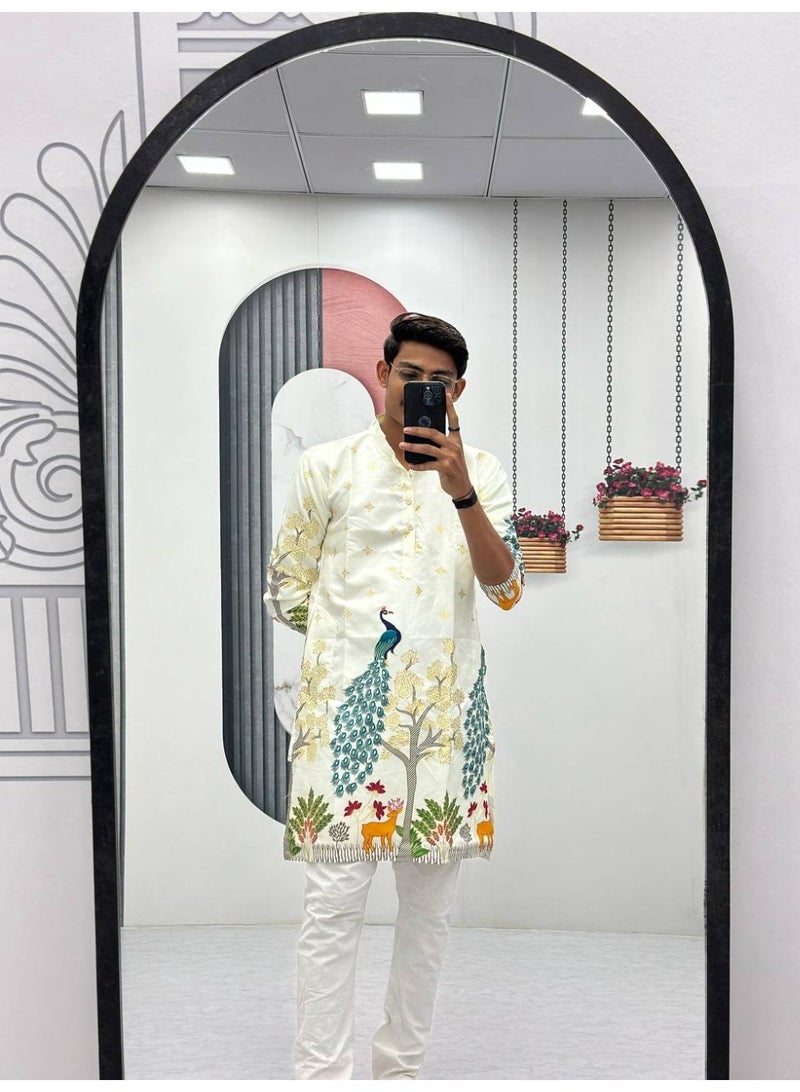 Super Asian Men’s Dola Silk Kurta with Mill Print & Foil Detailing | Elegant Ethnic Wear - Image 3