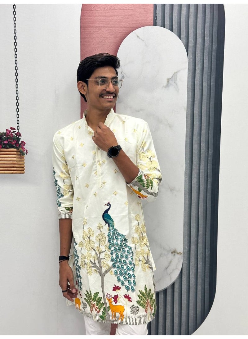 Super Asian Men’s Dola Silk Kurta with Mill Print & Foil Detailing | Elegant Ethnic Wear - Image 5