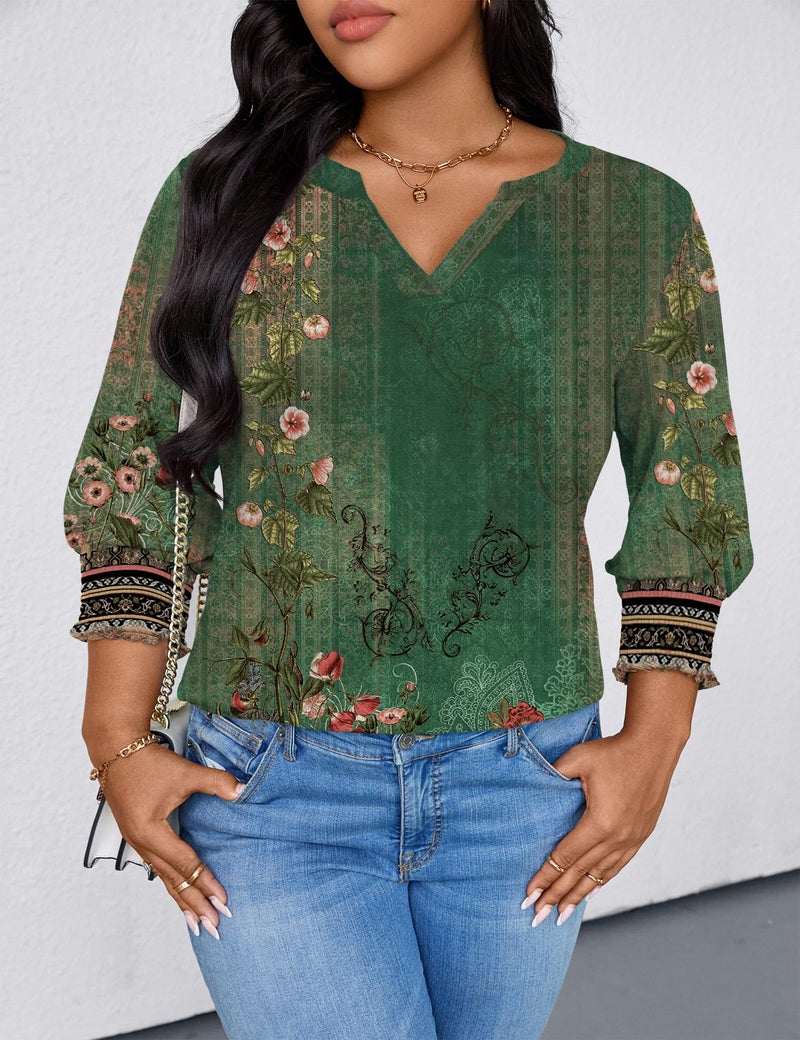 TFSDOD Womens Spring Tops 2026 V Neck T Shirts Plus Size Tunic Tops for Women with Smocked Cuffs Quarter Sleeve Blouses Boho Green 2X - Image 4