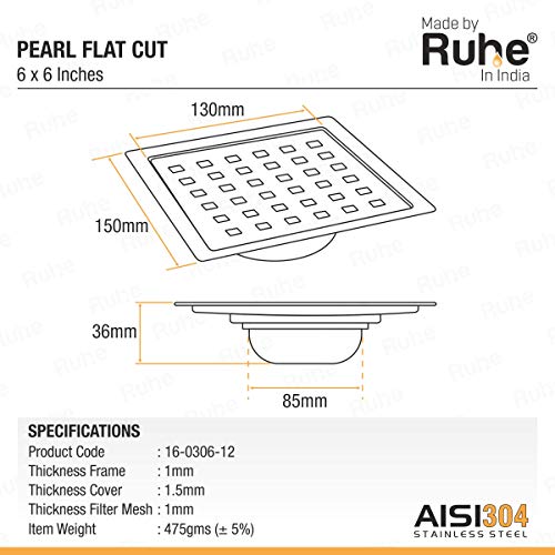 Ruhe® Pearl Floor Drain/Jali | 304 Grade Stainless Steel Pearl Floor Drain/Jali Square with Trap Set of 2 (6 x 6 inches) - Image 2