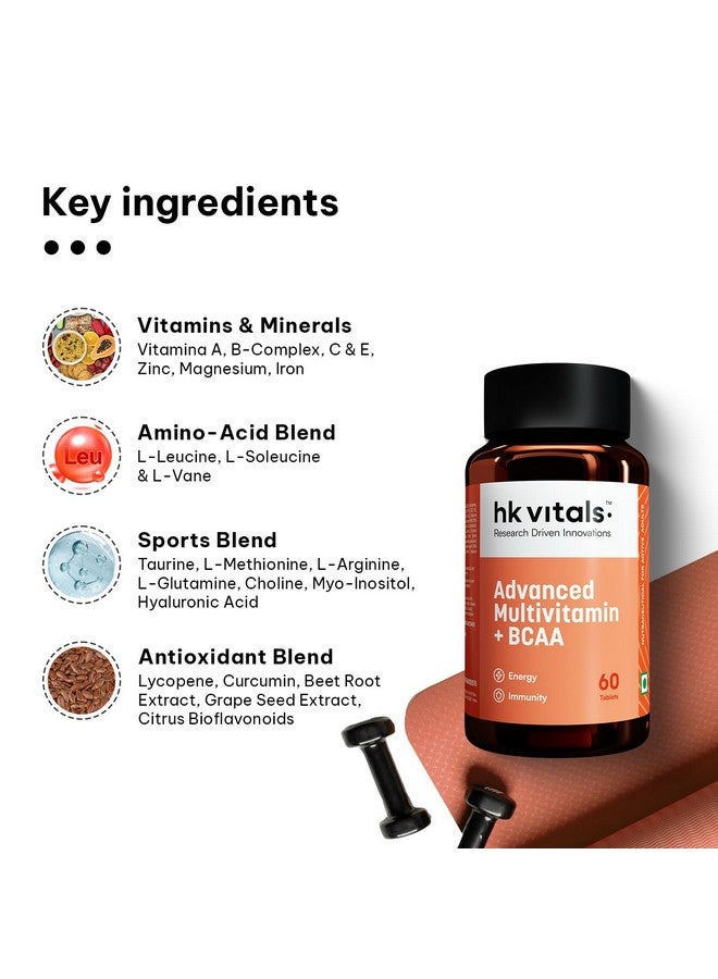 HEALTHKART هيلث كارت hk فيتالز فيتامينات متعددة متقدمة مع BCAA - معادن، أحماض أمينية، حمض الهيالورونيك، ومضادات الأكسدة - 60 قرص فيتامين متعدد - المناعة والطاقة - Image 5