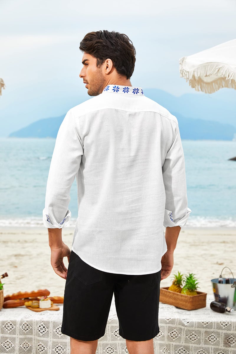 COOFANDY Mens Shirt Henley White Floral Print Casual Cotton Linen Beach Moroccan Men Clothing Hawaiian, 01white, Small, Long Sleeve - Image 4