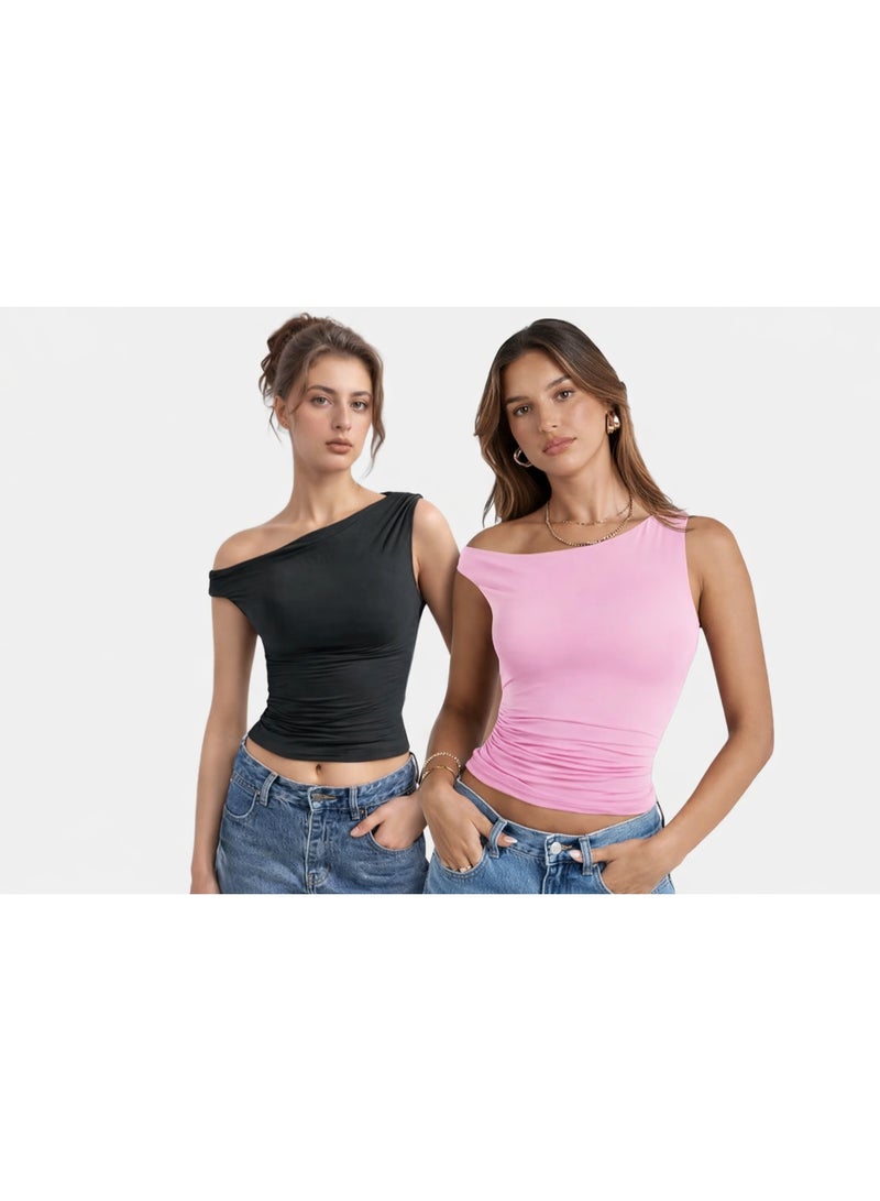 Women One Shoulder Top Duo