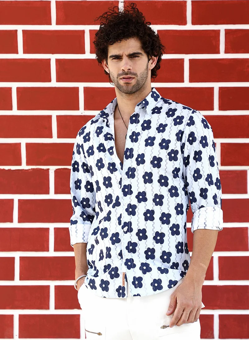 Campus Sutra Campus Sutra Men's Indigo Blue & Daisy White Retro-Bloom Tactile Shirt For Casual Wear | Spread Collar | Long Cuffed Sleeves | Button Closure | Shirt Crafted With Comfort Fit For Everyday Wear