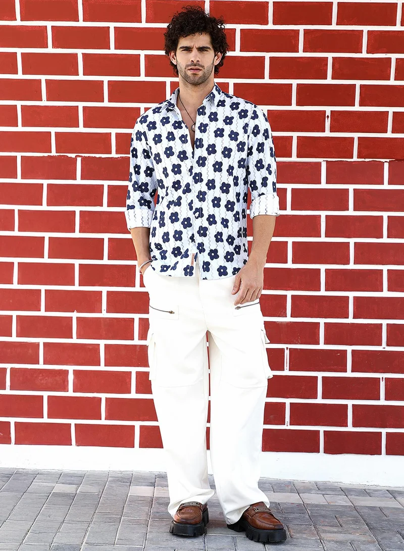 Campus Sutra Campus Sutra Men's Indigo Blue & Daisy White Retro-Bloom Tactile Shirt For Casual Wear | Spread Collar | Long Cuffed Sleeves | Button Closure | Shirt Crafted With Comfort Fit For Everyday Wear