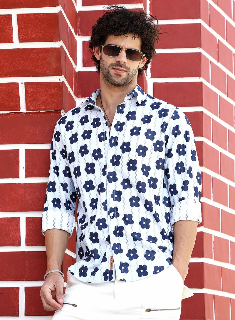 Campus Sutra Campus Sutra Men's Indigo Blue & Daisy White Retro-Bloom Tactile Shirt For Casual Wear | Spread Collar | Long Cuffed Sleeves | Button Closure | Shirt Crafted With Comfort Fit For Everyday Wear