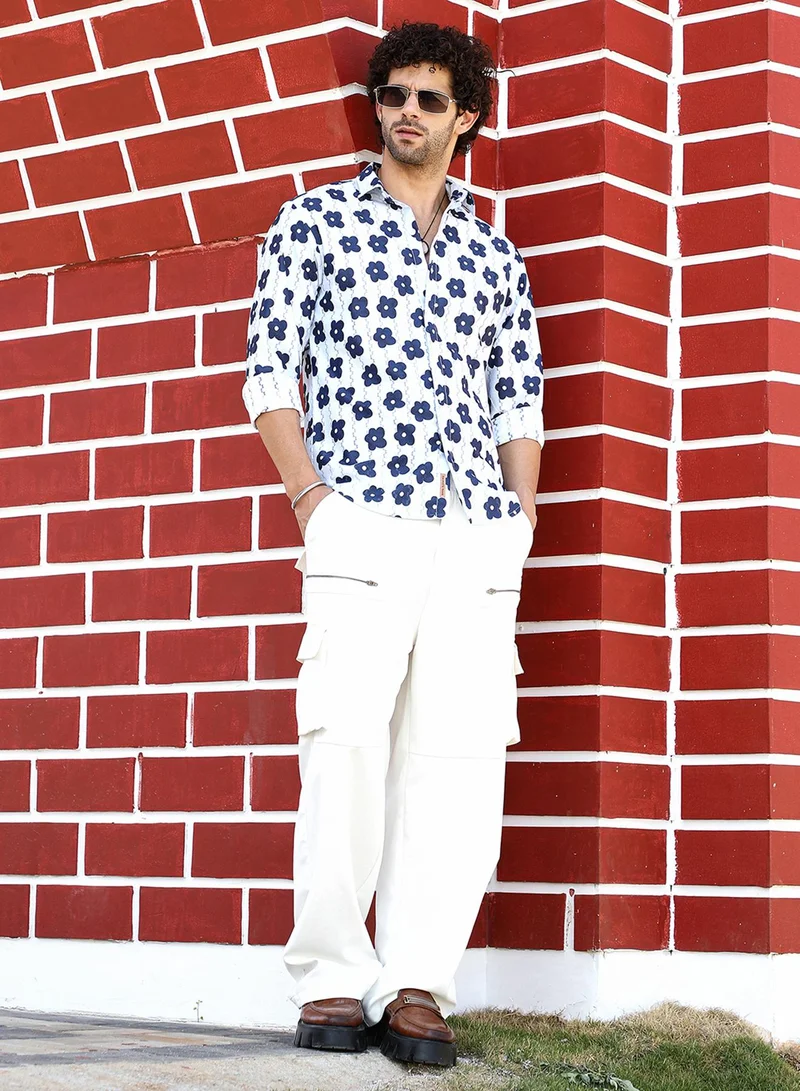 Campus Sutra Campus Sutra Men's Indigo Blue & Daisy White Retro-Bloom Tactile Shirt For Casual Wear | Spread Collar | Long Cuffed Sleeves | Button Closure | Shirt Crafted With Comfort Fit For Everyday Wear