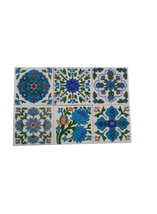 Shiv Kripa Blue Pottery Luxury Floral Decorative Crafted Tabletop Flooring Wall Interior Exterior Traditional 4 x 4 inch Tiles Pack of 6 Tiles (Blue) - Image 1