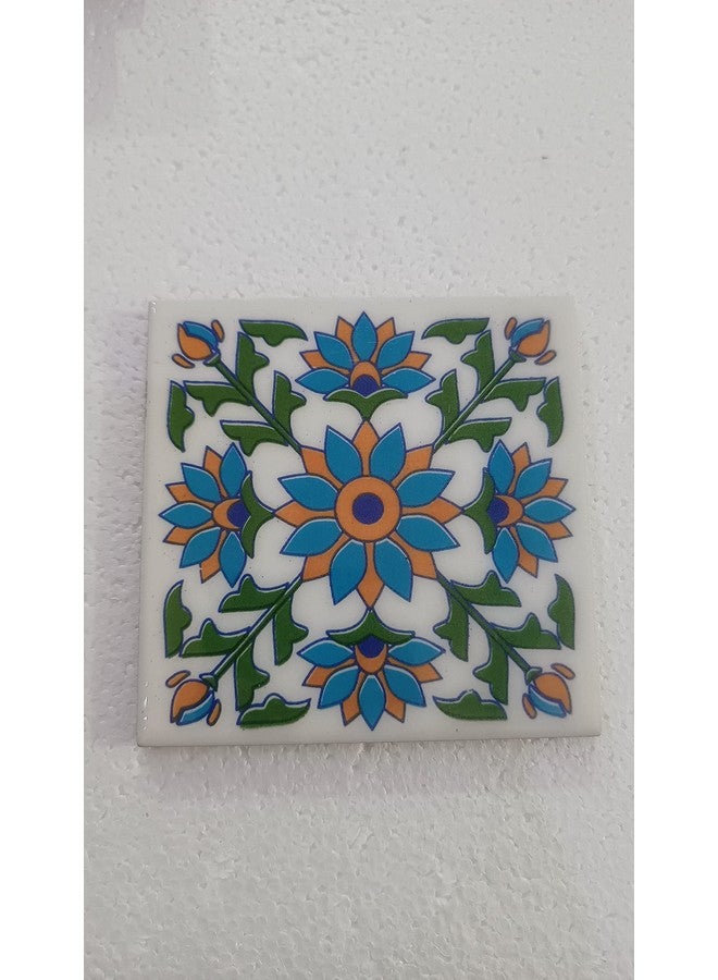 Shiv Kripa Blue Pottery Luxury Floral Decorative Crafted Tabletop Flooring Wall Interior Exterior Traditional 4 x 4 inch Tiles Pack of 6 Tiles (Blue) - Image 3