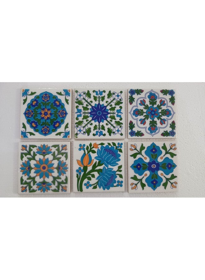 Shiv Kripa Blue Pottery Luxury Floral Decorative Crafted Tabletop Flooring Wall Interior Exterior Traditional 4 x 4 inch Tiles Pack of 6 Tiles (Blue) - Image 2
