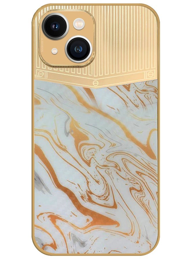 CATANES Luxury Gold Plated Case for iPhone 13 - Hybrid Electroplated Frame Back Cover with Carbon Fiber Texture - Marble Pattern White - Image 1