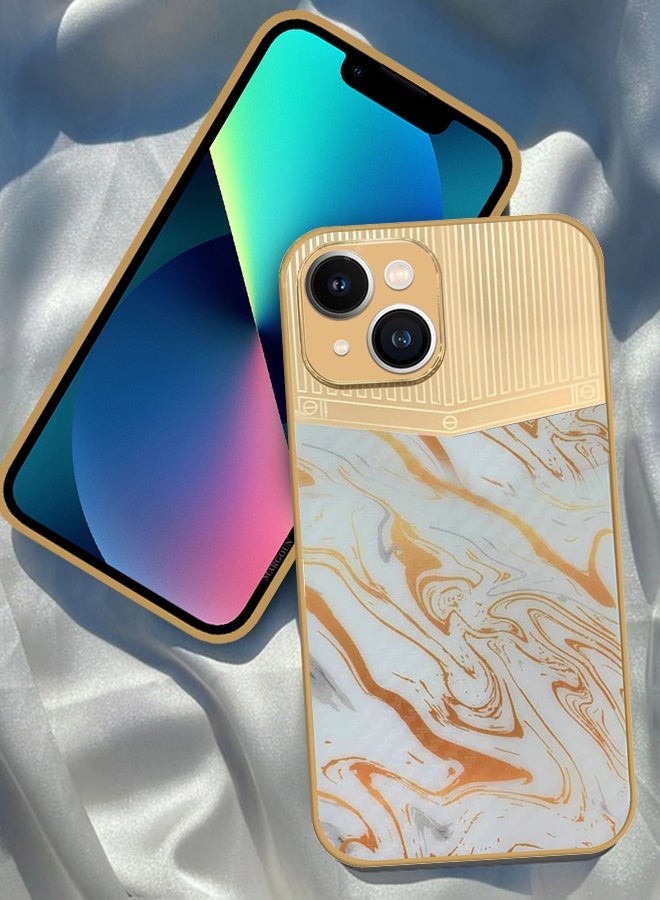 CATANES Luxury Gold Plated Case for iPhone 13 - Hybrid Electroplated Frame Back Cover with Carbon Fiber Texture - Marble Pattern White - Image 4