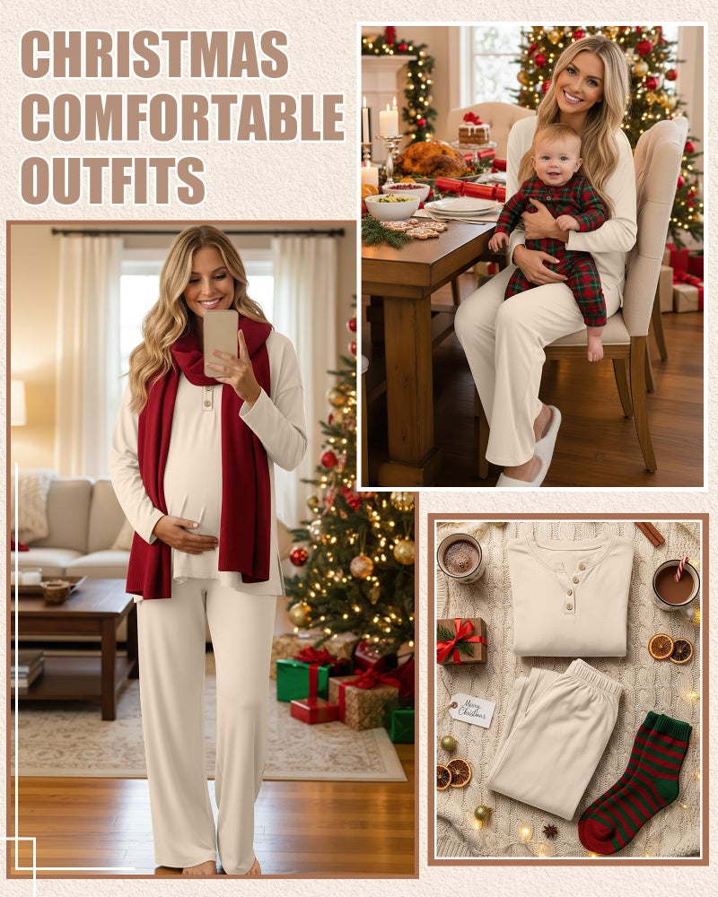 Yearntown Women's Maternity Pajamas Sets, Long Sleeve Pregnancy Postpartum Delivery Lounge Nursing Pjs with Pockets(Apricot,XX-Large) - Image 5