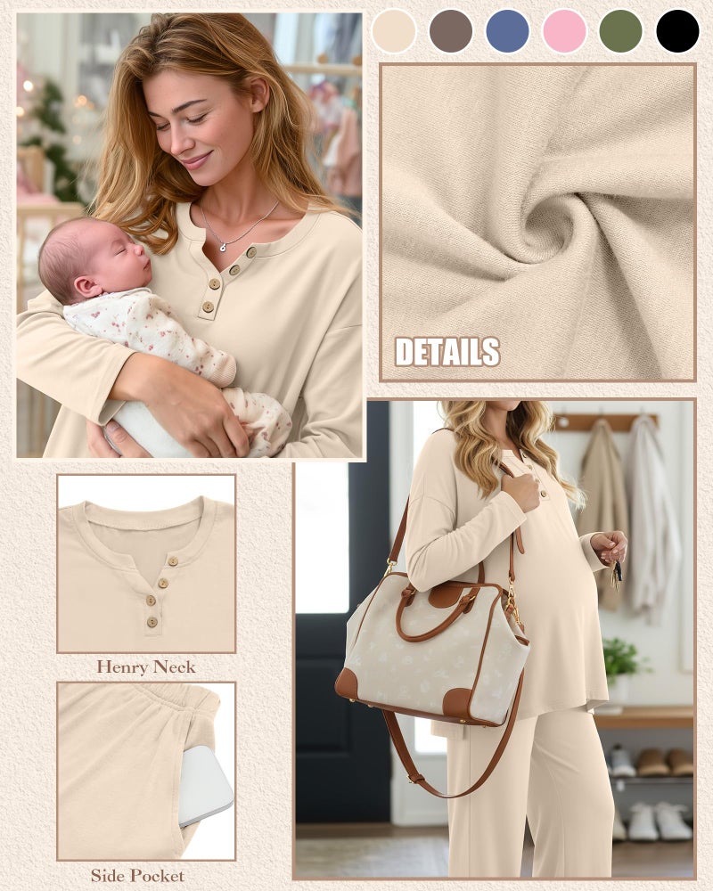 Yearntown Women's Maternity Pajamas Sets, Long Sleeve Pregnancy Postpartum Delivery Lounge Nursing Pjs with Pockets(Apricot,XX-Large) - Image 4