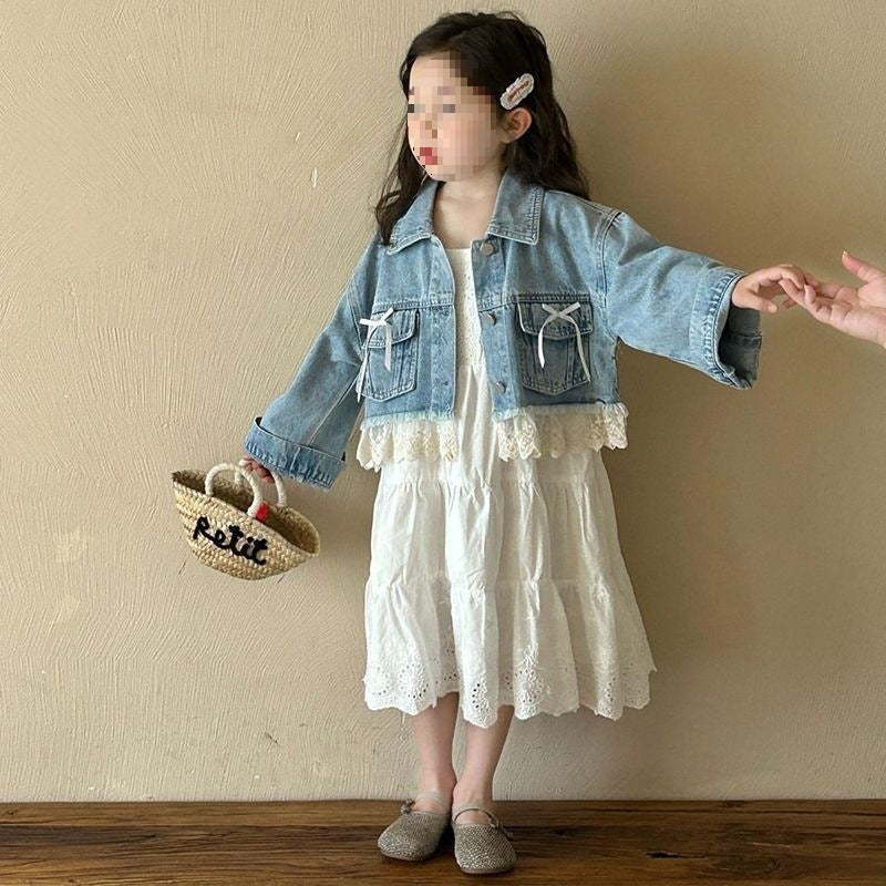 2025 Spring New Children'S Clothing Korean Style Children'S Clothing Girls' Lace Denim Shirt Light-Colored Denim Jacket Outer Wear - Image 3