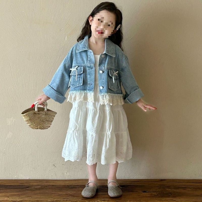 2025 Spring New Children'S Clothing Korean Style Children'S Clothing Girls' Lace Denim Shirt Light-Colored Denim Jacket Outer Wear - Image 2