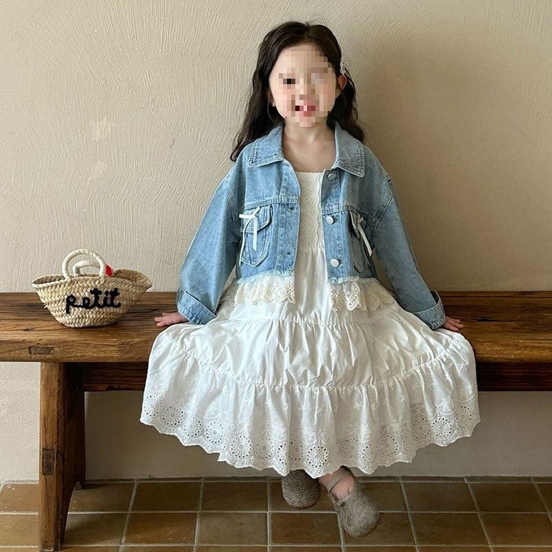 2025 Spring New Children'S Clothing Korean Style Children'S Clothing Girls' Lace Denim Shirt Light-Colored Denim Jacket Outer Wear - Image 5